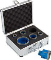 Qerato diamantboor set in zilveren koffer met schuiminterieur, inclusief 5 boren en 1 losse boor.