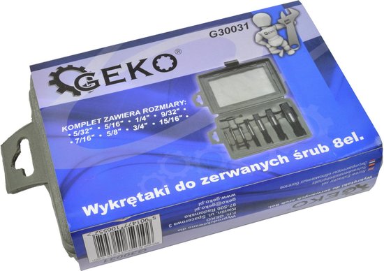 Verpakking van een 8-delige schroefverwijderaarset met GEKO-logo en maten.