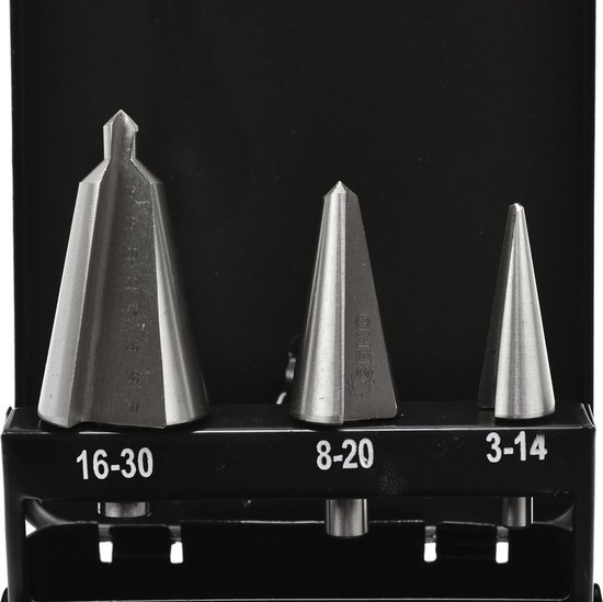 Coffret de forets à métaux HSS GEKO - réglable en continu - 3-30 mm - support métallique - 3 pièces