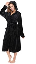 Dames badjas fleece/velours met capuchon zwart 2XL/3XL valt als XL/2XL