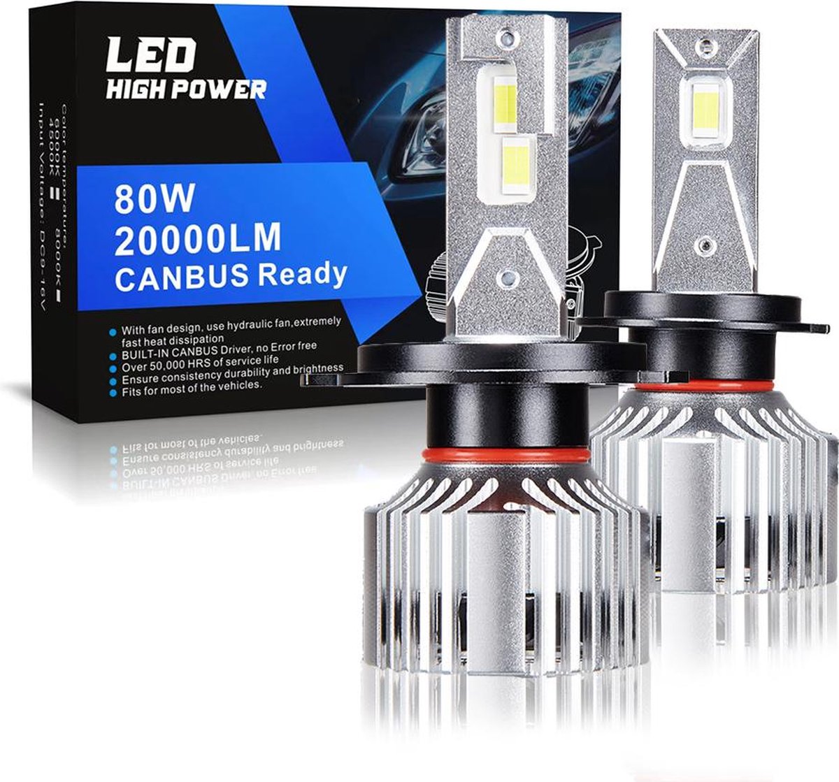 TLVX H7 High Speed LED Koplampen CANBUS - 6000k Helder Wit (set 2 stuks), CANBUS, 20000 Lumen Lichtopbrengst - 80 Watt - Auto - Scooter - Motor - Dimlicht - Grootlicht – Mistlicht - Koplamp – Projector – Reflector - Autolamp - Autolampen - 12V