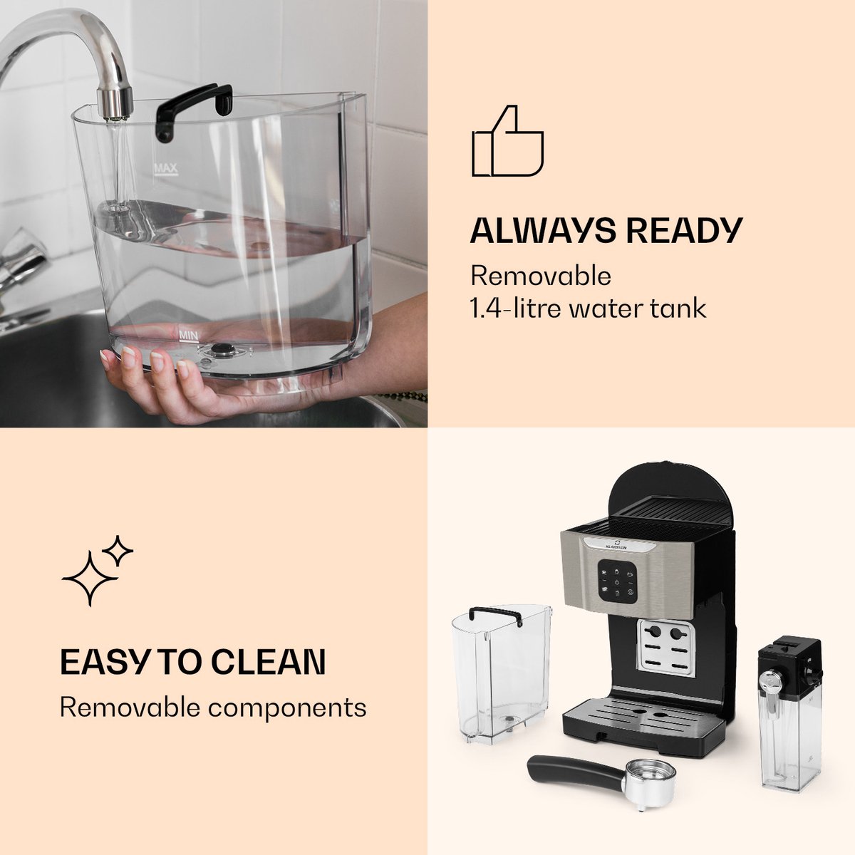 Afbeelding 3 van Klarstein Bellavita Koffiezetapparaat - 3-In-1 Functie: Espresso, Cappuccino en Latte Macchiato - Melkopschuimer - 1450 Watt - 20 Bar - 1,4 Liter Watertank - 0,4 Liter Melkschuimreservoir - Zelfreinigend systeem - Zilver