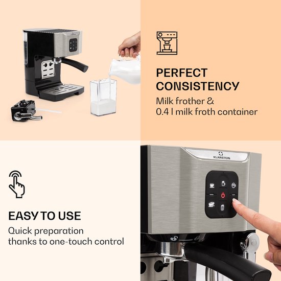 Klarstein BellaVita 3-in-1 Espressomachine Zwart - 20 Bar Koffiemachine Met Melkschuimer