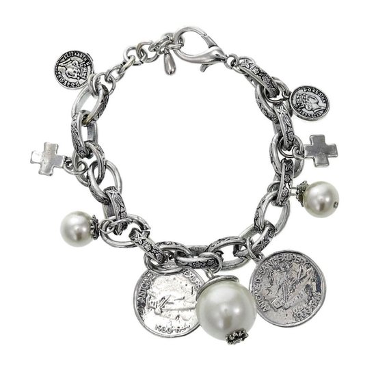 Behave Schakel armband zilver-kleur met parels en bedels 17,5 cm