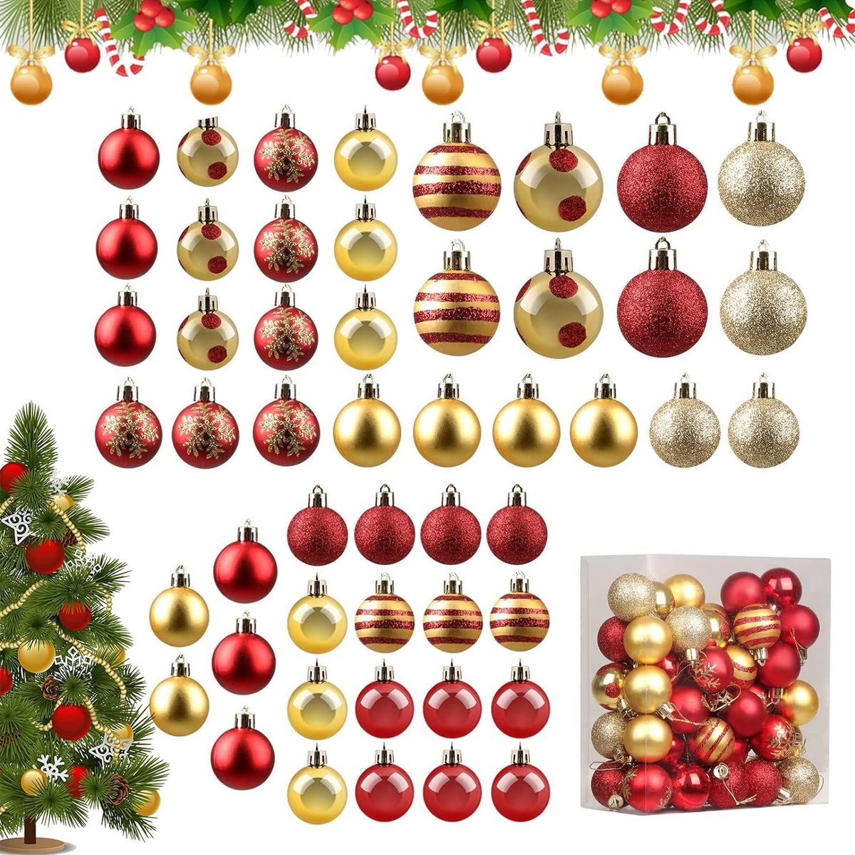 Kerstdecoratieset, 50 stuks, 4 cm rood en goud kerstballen, rood-gouden Kerstboom Decoraties voor kerstfeest, decoratie binnen en buiten