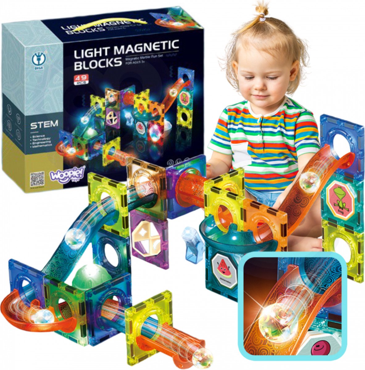 WOOPIE Magnetische Blokken Lichte Ballenbaan 49 stuks Arcadebaan Bouwen Educatie