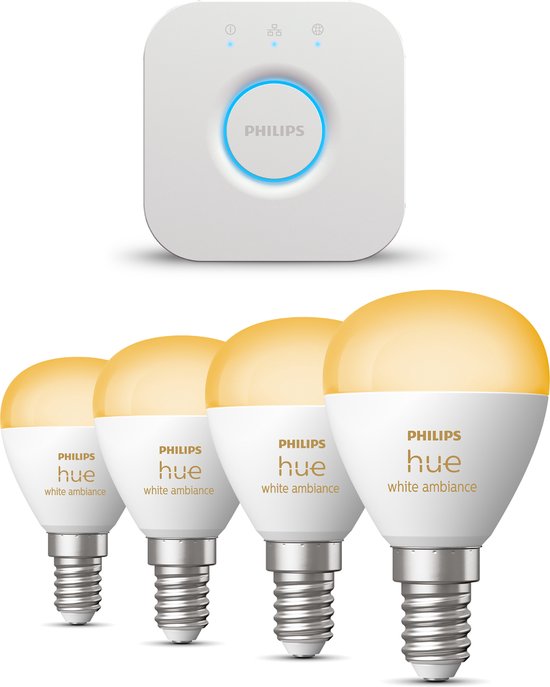 Philips Hue Starterspakket White Ambiance Kogellamp E14 - 4 Hue Lampen en Bridge - Eenvoudige Installatie - Werkt met Alexa en Google Home