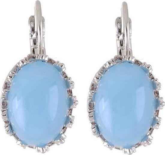 Behave Boucles d'oreilles pendantes dames - pierre semi-précieuse - ovale - bleu clair - argent