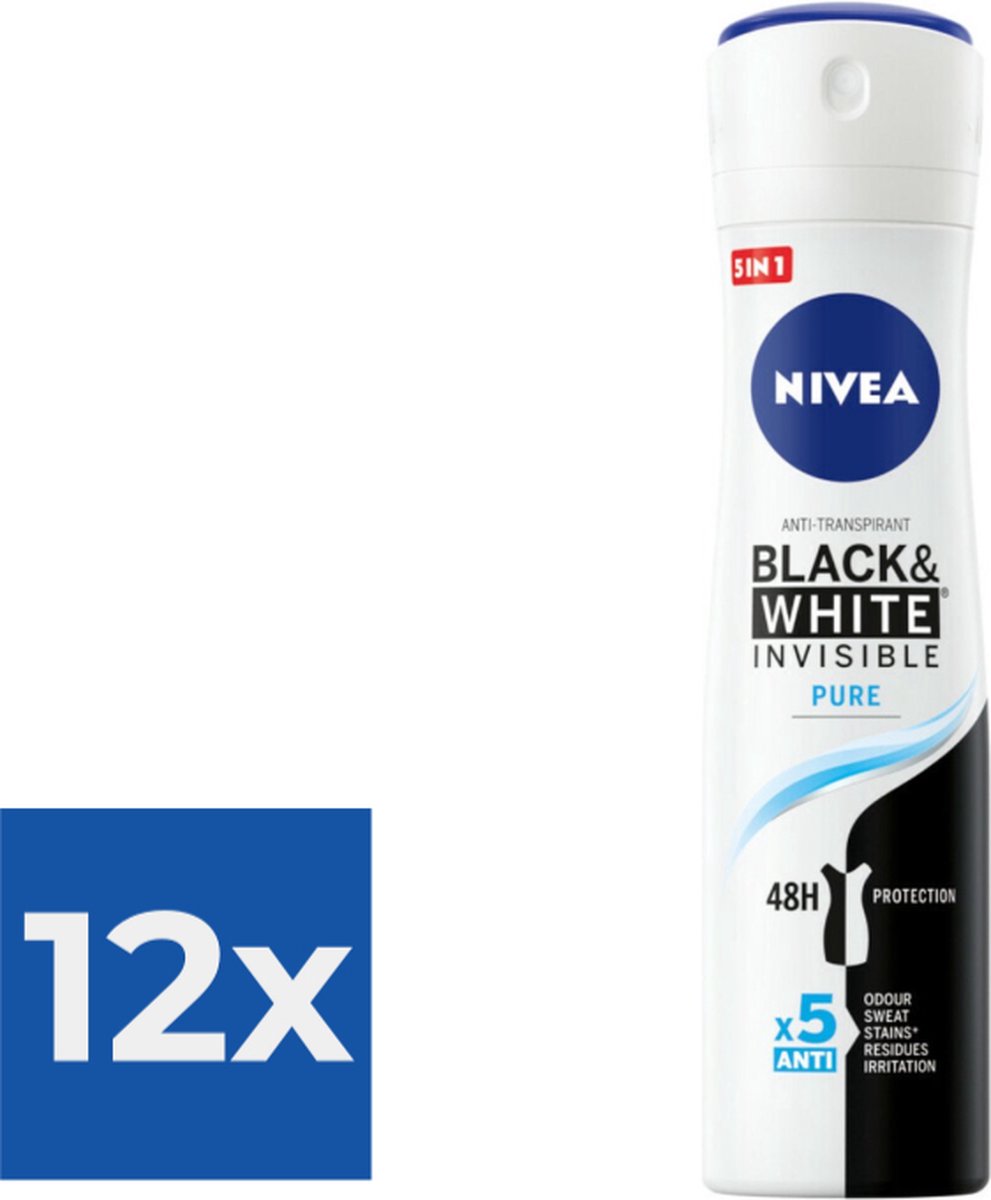 Goedkoopste Nivea Deodorant Spray Invisible For Black & White Pure 150 ml - Voordeelverpakking 12 stuks