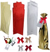 Lange inpakzakken 12 stuks met strikjes en kerst labels | 17x45 cm, Rood Zilver Goud | Wijnverpakking - flessen cadeau zakken - kado zakken Verjaardag| KERST | Nieuwjaar geschenk