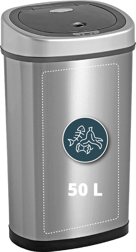 Sensor Prullenbak RVS 50 liter Homra Fonix - Automatische Soft Close Deksel - 50L Design Afvalemmer Zilver - Infrarood Sensor - Vuilnisbak met Elektrische Deksel - Sensorbediening - Vingerafdrukvrij - Vuilafstotend - Keuken en Kantoor Vuilbak