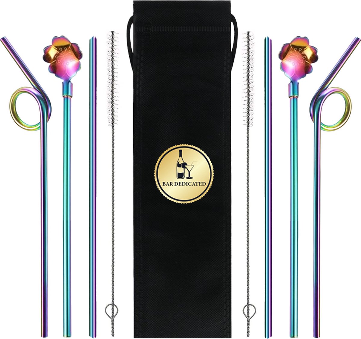 Bar Dedicated Duurzame Herbruikbare Rietjes met Verschillende Maten - RVS Cocktail en Smoothie Rietjes in Regenboog Kleur