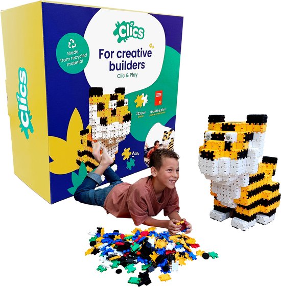 Clics Tijger bouwblokken box– DUURZAAM SPEELGOED gemaakt van GERECYCLEERDE kunststof- bouwset grote tijger - speelgoed 4,5,6,7,8 jaar jongens en meisjes- educatief speelgoed- Montessori speelgoed- constructie speelgoed