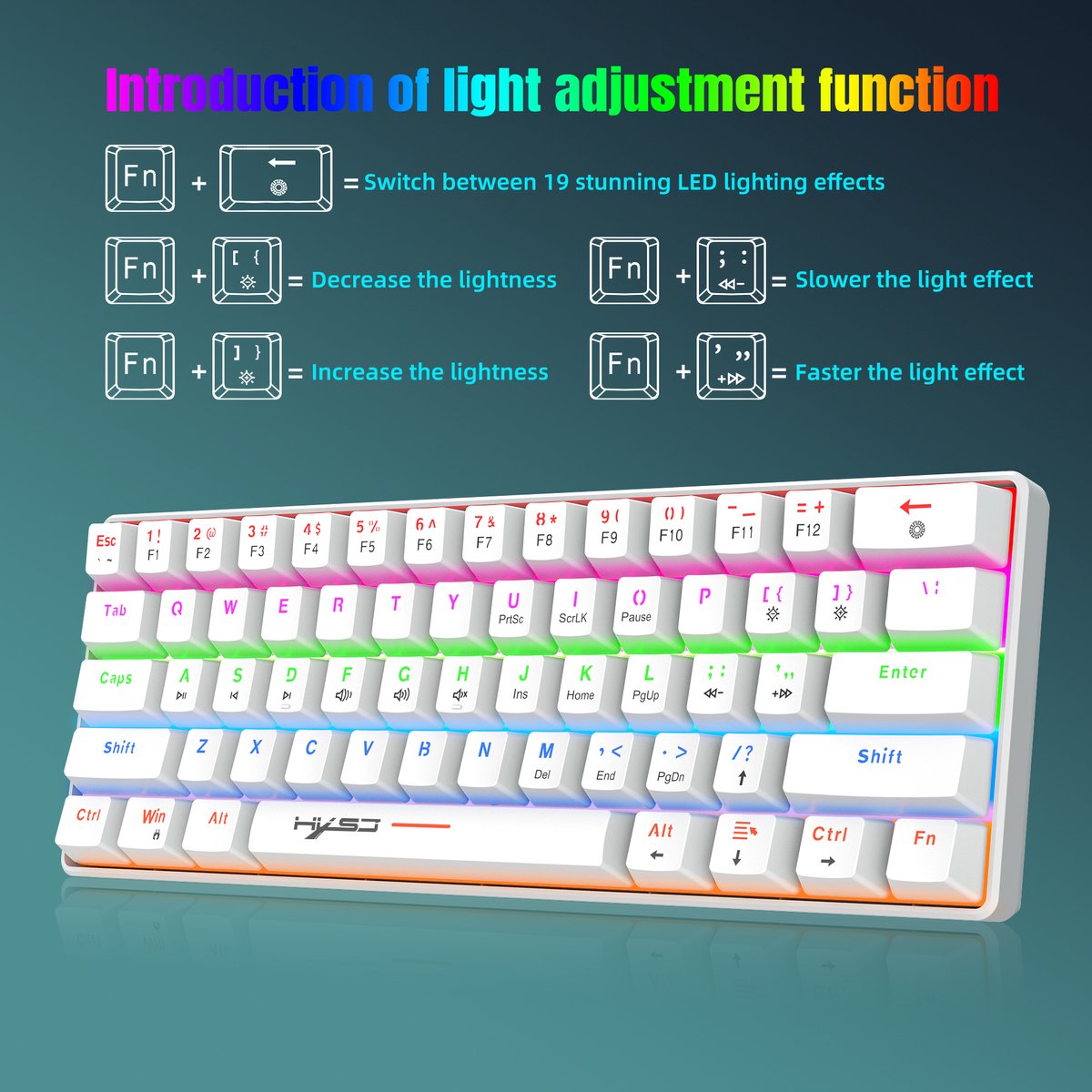 HXSJ V900 - Bedrade Gaming Toetsenbord - Mechanisch - RGB - Blue Switch - 61 Keys - QWERTY Toetsenborden - Wit thumbnail 3