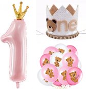 14-delige eerste verjaardag cakesmash set Bear roze met ballonnen en hoedje - eerste - 1 - verjaardag - beer - bear - hoed - ballon - cakesmash