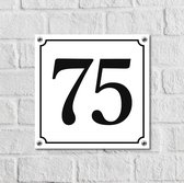 Huisnummerbord Wit Dibond Deluxe - Nummer 75 - incl. bevestiging | - naambord - nummerbord - voordeur | formaat 12 x 12 cm | - huisnummerbordje - nummerbord - voordeur