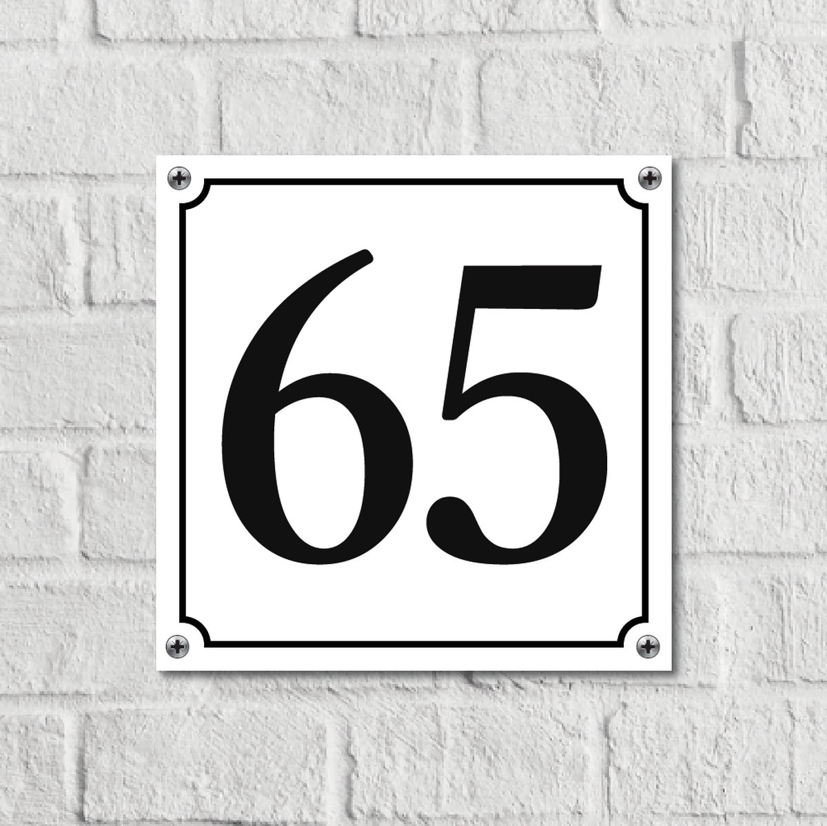 Huisnummerbord Wit Dibond Deluxe - Nummer 65 - incl. bevestiging | - naambord - nummerbord - voordeur | formaat 12 x 12 cm | - huisnummerbordje - nummerbord - voordeur