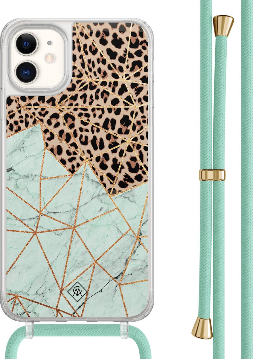 Casimoda® hoesje met mintgroen koord - Geschikt voor iPhone 11 - Luipaard Marmer Mint - Afneembaar koord - TPU/acryl - Mint