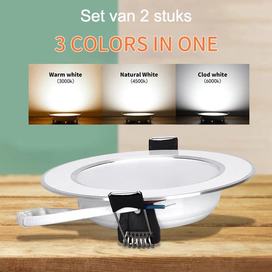 Inbouwspot met chromen rand - Set van 2 stuks rond inbouwpaneel - 5W - instelbaar in 3 lichtkleuren door bediening van bestaande schakelaar. Kleuren warm wit, neutraal wit en koud wit. Buitenmaat 80 mm Gatmaat 50 - 55mm.