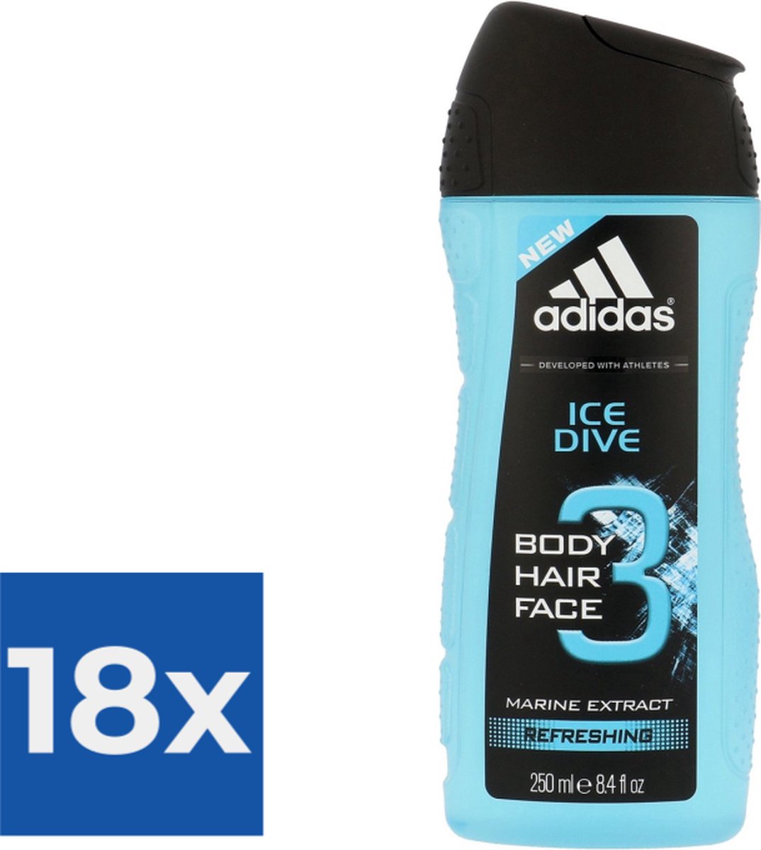 Goedkoopste Adidas Douche & Shampoo Men - Ice Dive 250 ml. - Voordeelverpakking 18 stuks