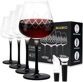 - 480 ml rode wijnglazen, set van 4 grote wijnglazen / kristallen wijnglazen met zwarte steel + wijndop en beluchter - Crystaluna-collectie
