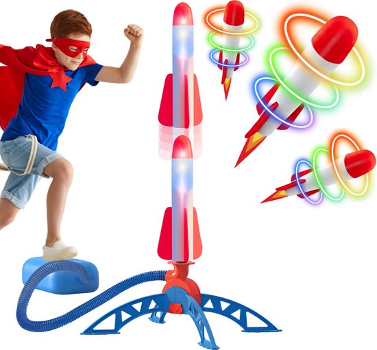 Tozy Speelgoed Raket met Licht - Inclusief 3 rakketten - Buitenspeelgoed met pomp-traptechnologie - Vlieg tot wel 10 meter de lucht in - Perfect voor kinderfeestjes en buitenspelen
