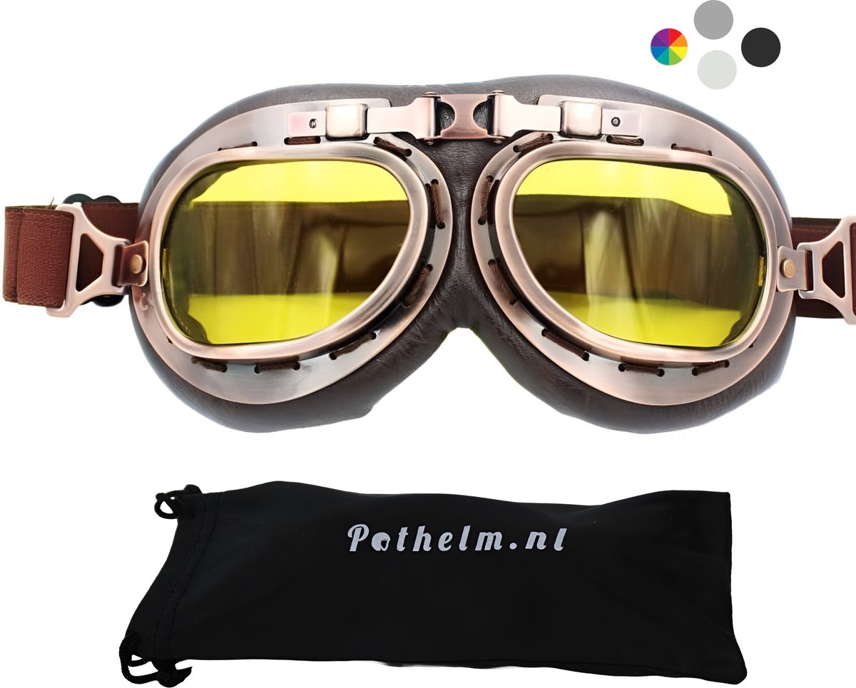 CRG Vintage Motorbril - Retro Motorbril Heren voor Motorrijders - Koper Kleur - Geel Glas