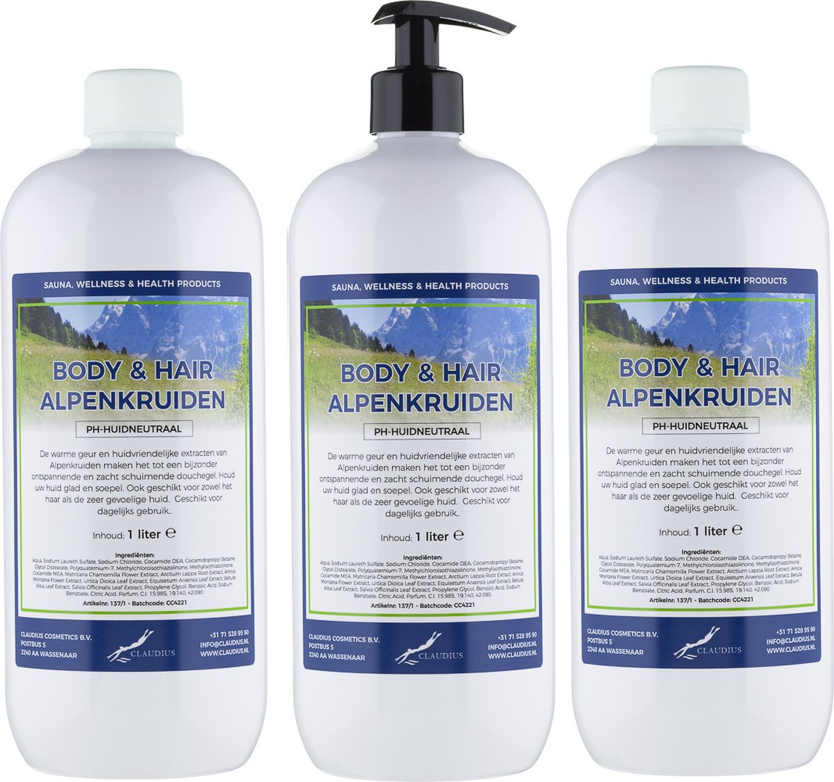 Goedkoopste Body & Hair Alpenkruiden 1 liter - set van 3 stuks - met gratis pomp - 2 in 1 voor lichaam en haar.