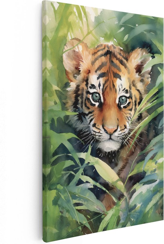 Artaza Canvas Schilderij Baby Tijger tussen de Planten - Foto Op Canvas - Canvas Print