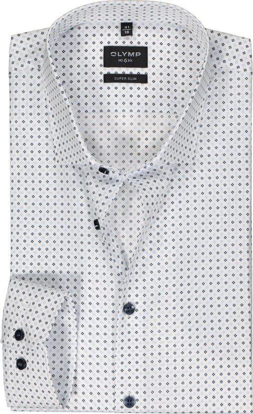 OLYMP No. 6 Six super slim fit overhemd - popeline - wit met blauw dessin - Strijkvriendelijk - Boordmaat: 38