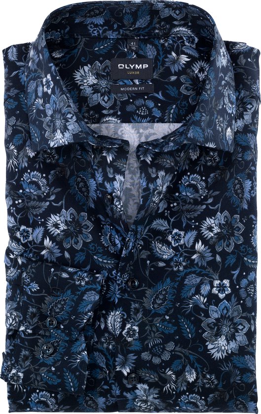 OLYMP Luxor modern fit overhemd - popeline - marineblauw dessin - Strijkvrij - Boordmaat: 45