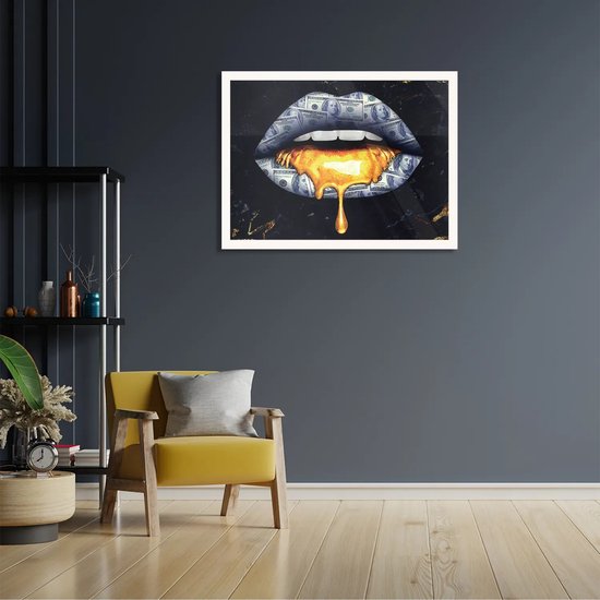 Poster Golden Money Lips Rechthoek Horizontaal Met Lijst L (50 X 40 CM) - Witte Lijst - Wanddecoratie - Posters