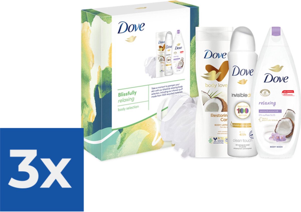 Goedkoopste Geschenk Dove  Blissfully Relaxing Douchegel 225 ml- Bodylotion 250 ml- Deospray 150 ml & Puff - Voordeelverpakking 3 stuks