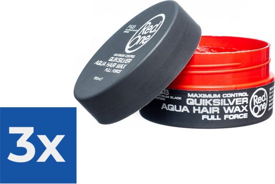 Pot noir ouvert avec intérieur rouge et bordure rouge. Inscription 'Quiksilver Aqua Hair Wax Full Force'.