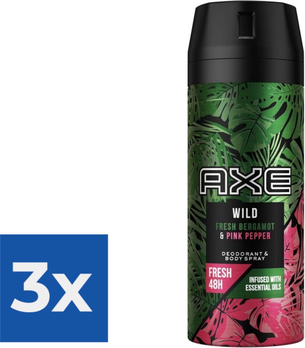 Goedkoopste Axe Wild Deodorant en Bodyspray Fresh Bergamot Pink Pepper 150 ml - Voordeelverpakking 3 stuks