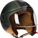 Gedetailleerd zicht op de binnenkant van een donkergroene helm met bruine voering en vizier.
