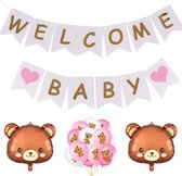 15-delige set Welcome Baby Girl met slingers en beren ballonnen - babyshower - genderreveal - geboorte - beer - bear - slinger - ballon