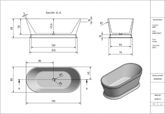 Dessin technique et rendu 3D d'une baignoire ovale autoportante blanc mat (170x80cm).