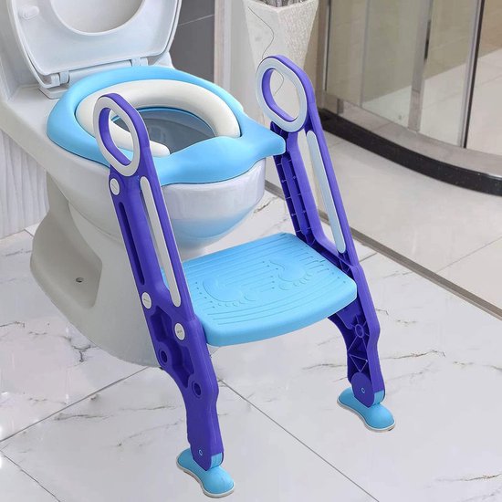 Toiletbril voor kinderen, met trap, 38-42 cm, in hoogte verstelbaar, opvouwbaar, toilettrainer met trap, toiletbril voor kinderen, met zacht kussen met stabiele antislip pedalen en PU-kussen, blauw