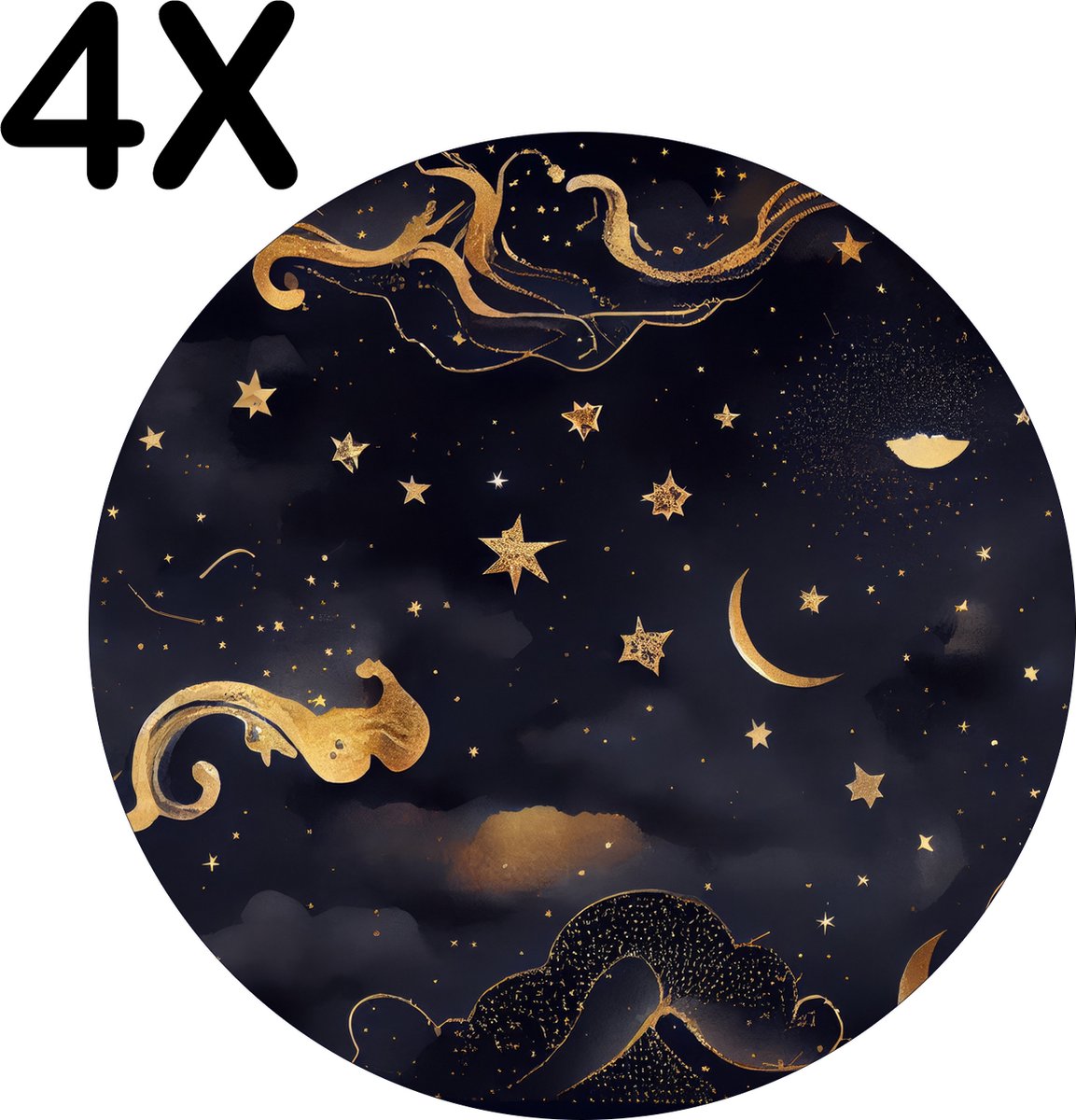 BWK Stevige Ronde Placemat - Goud - Zwart - Wolken - Nacht met Sterren - Set van 4 Placemats - 50x50 cm - 1 mm dik Polystyreen - Afneembaar