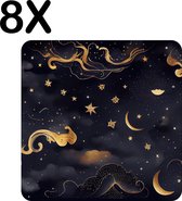 BWK Flexibele Placemat - Goud - Zwart - Wolken - Nacht met Sterren - Set van 8 Placemats - 50x50 cm - PVC Doek - Afneembaar