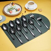 Zwarte 10-delige serveerbestek, bestekset, roestvrijstalen serveergerei, inclusief opscheplepel met sleuven, opscheplepel, serveervork