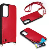 Casemania Hoesje Geschikt voor Samsung Galaxy A14 Rood - Back Cover met Bandje - Pasjeshouder & Koord