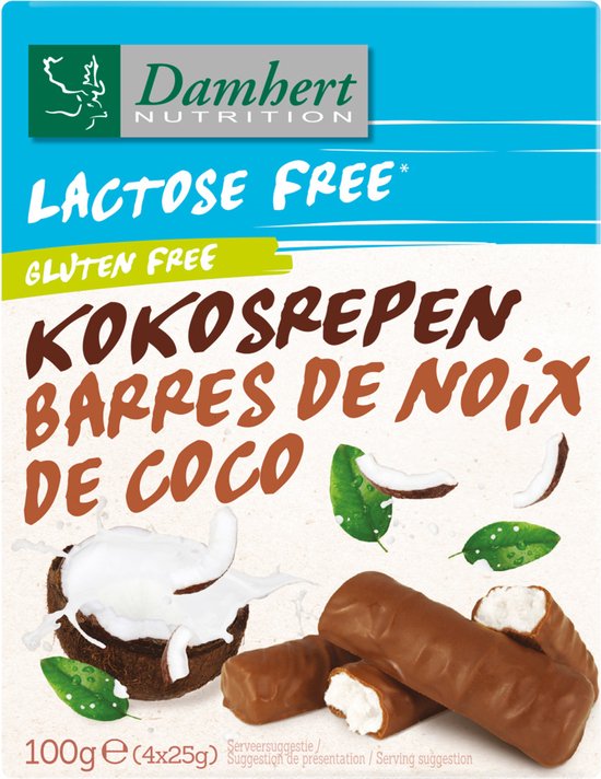 Damhert Kokosrepen, lactosevrij en glutenvrij, met kokos en melkchocolade.