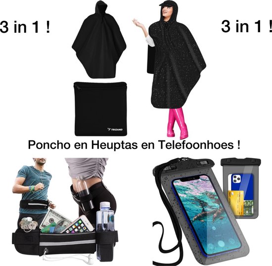 3 IN 1:Poncho,Heuptas En Telefoonhoes-Regenjas-Hardloop Running Bag-Sport Band-Heuptasje-Regen Waterdichte Telefoonhoesje-Waterproof Hoesje voor Telefoon