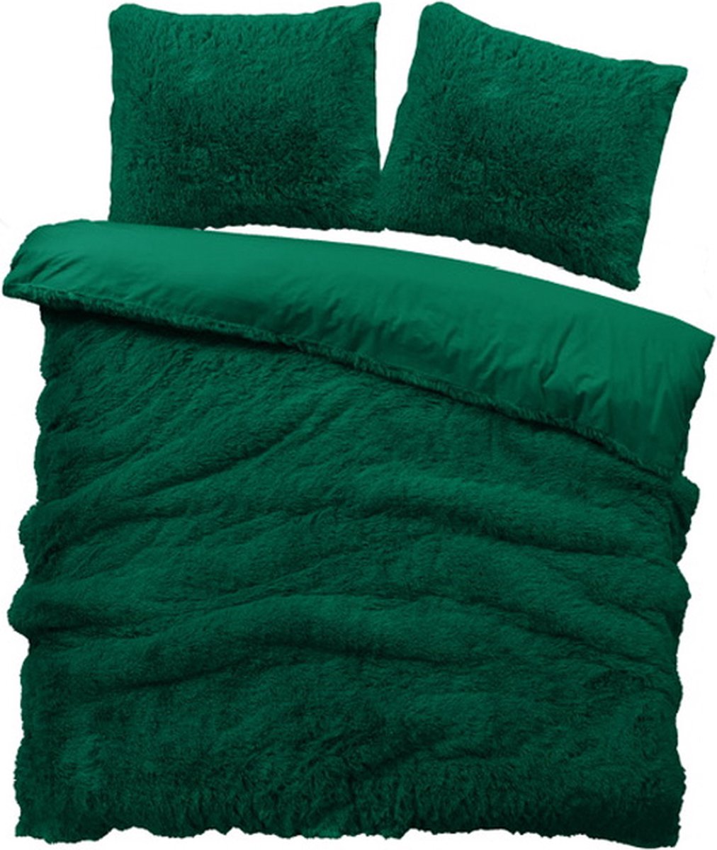 iSleep Dekbedovertrek Teddy Plush - Tweepersoons - 200x200/220 cm - Donker Groen