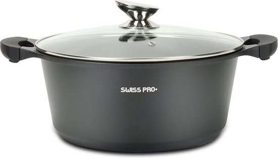 Swiss Pro+ Braadpan - met glazen deksel - Zwart - 20 cm - Antiaanbaklaag
