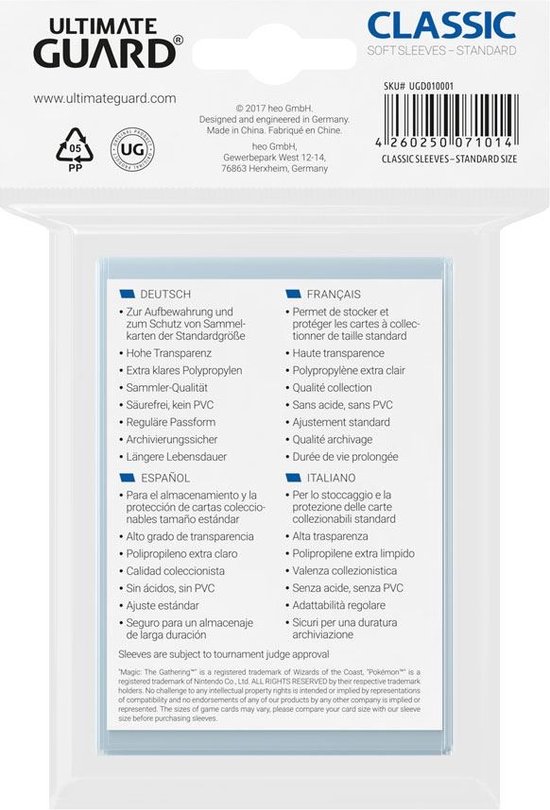 Verpakking met Classic sleeves, standaardmaat. Met info in DE, FR, ES, IT. Afmeting 66x93 mm.