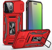 Podec Hoesje geschikt voor iPhone 15 Pro Rood Telefoonhoesje - Anti-Shock Case Cover Hybrid Armor Hoes met Kickstand Ring met Screenprotector