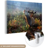 MuchoWow® Glasschilderij 60x40 cm - Schilderij acrylglas - Hert - Bos - Mist - Foto op glas - Schilderijen